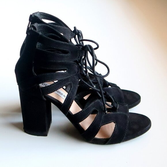 Steve Madden Black Suede Open Toe Lace Up Cut Out Block Heel Bootie Shoes Size 7 - Picture 2 of 14